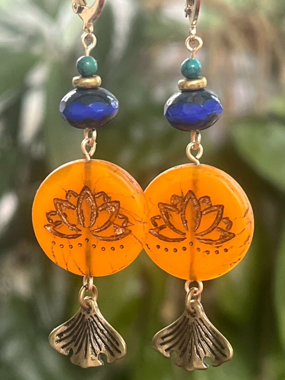 Lotus Flower Dangle Earrings | Honey Orange + Cobalt Blue Czech Beaded Earrings